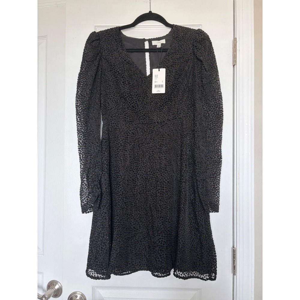 A Loves A Black Gold Textured Dot Puff Sleeve V-Neck Mini Dress R3132VL9